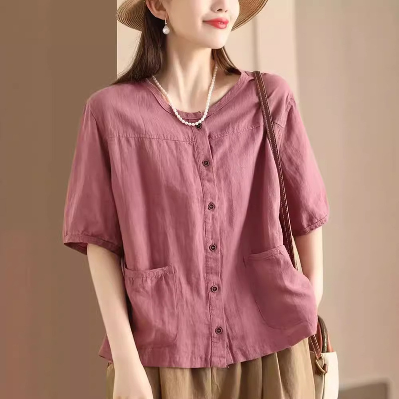 Cotton and Linen Solid Color Pocket Design Women's Casual Button Short-Sleeve Elegant Summer New Retro Artistic Cardigan Shirt