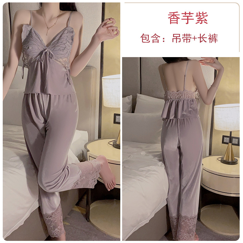 瑰若品牌内衣甜美蝴蝶加胸垫丝绒女上衣长裤外袍大码家居套装4095|undefined