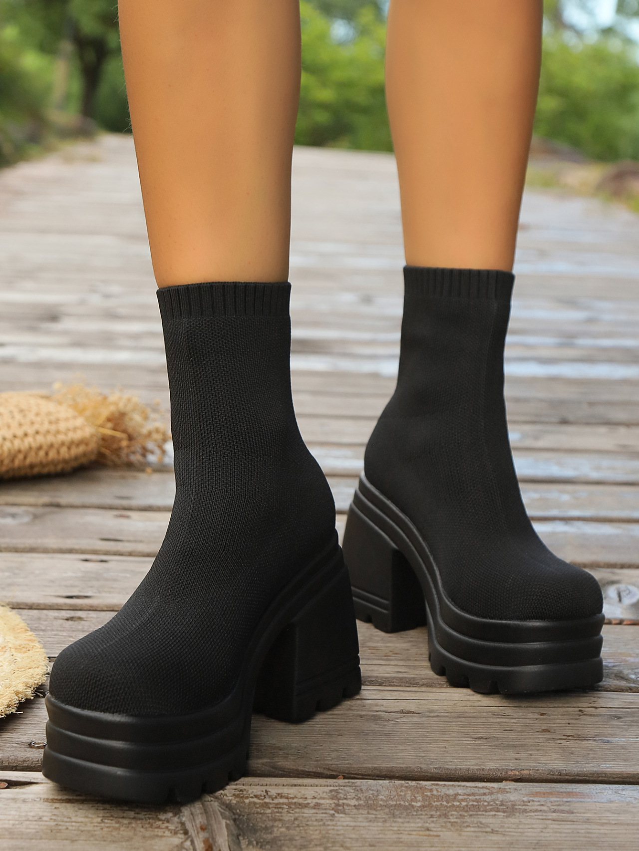 Large size large size short boots new square head waterproof platform high heels fashion thick soled elastic boots_voghion.com