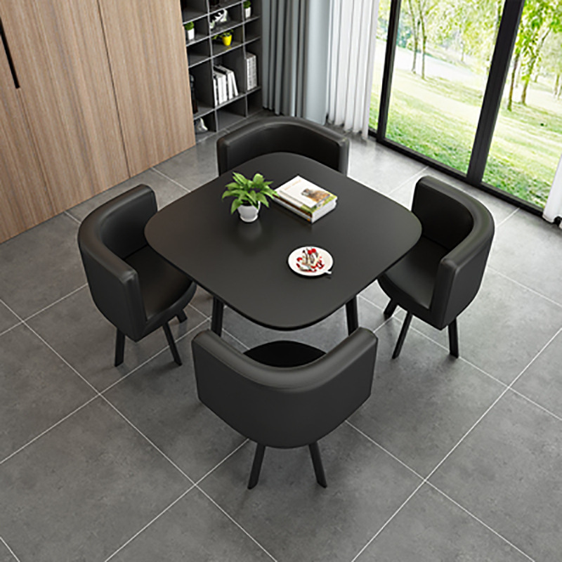Black 80cm square table + 4 leather chairs