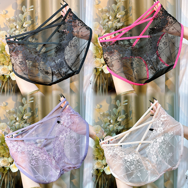Fashion Women's Lace Panties, Delicate and Soft, Skin-Friendly Lace with Thin Straps, Cross Hollow Design, Sexy High-Elasticity Plus-Size Panties