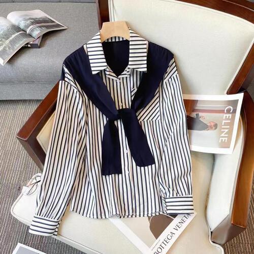 Fake two-piece vertical striped shirt for women spring new style women loose lapel chic long-sleeved shirt fashion