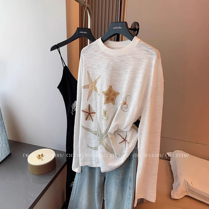 Designed Starfish Hot Diamond Printed Long-Sleeved T-Shirt for Women Summer Chic Lazy Style Casual Slimming Look Loose Sun Protection Top