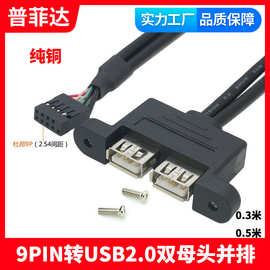 主板9针转USB2.0数据线带螺丝孔可固定 双母头9P转直排USB连体线