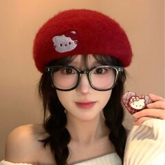 2025新款可爱kitty猫毛呢贝雷帽女秋冬甜美百搭显脸小帽子画家帽