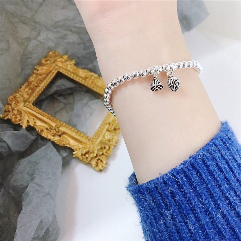 周家同款古法纯银手链女3D硬金手镯小银珠莲蓬转运珠两世欢手串|ms