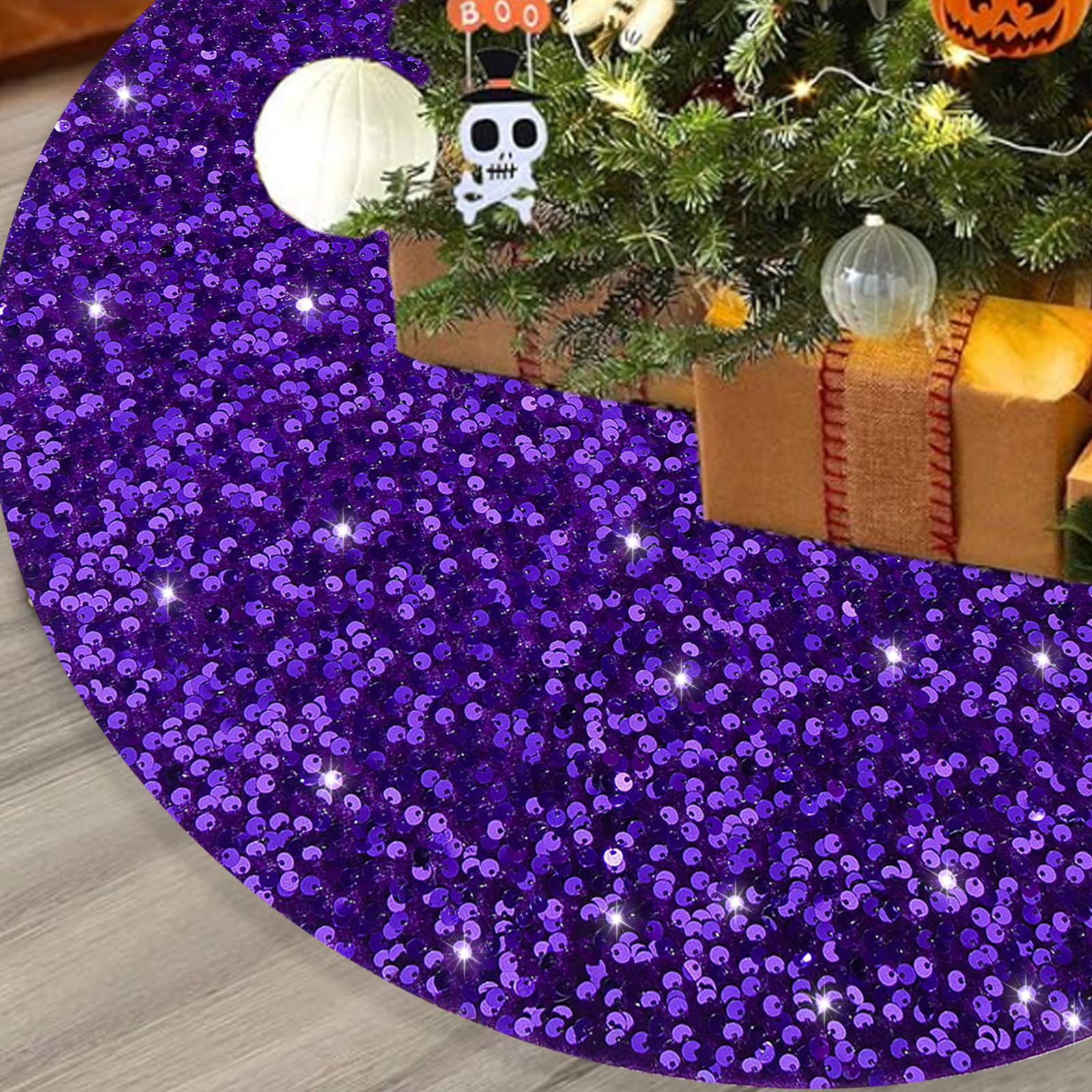 Halloween transfronterizo de alta calidad brillante falda de árbol delantal púrpura creativo de vacaciones de atmósfera accesorios de árbol decoración