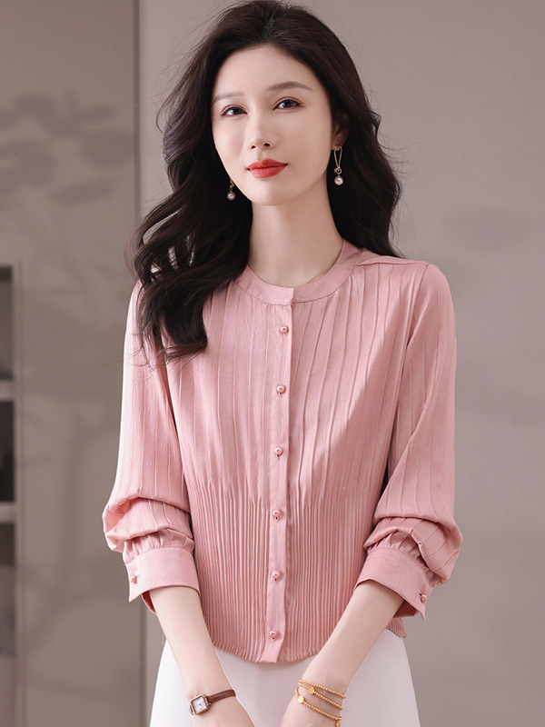 2025新款女装显瘦百褶单排扣纯色长袖真丝衬衫女春秋缎面气质开衫|undefined