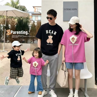 必入~出游度假卡通小熊亲子装一家三四口夏天半袖上衣短袖