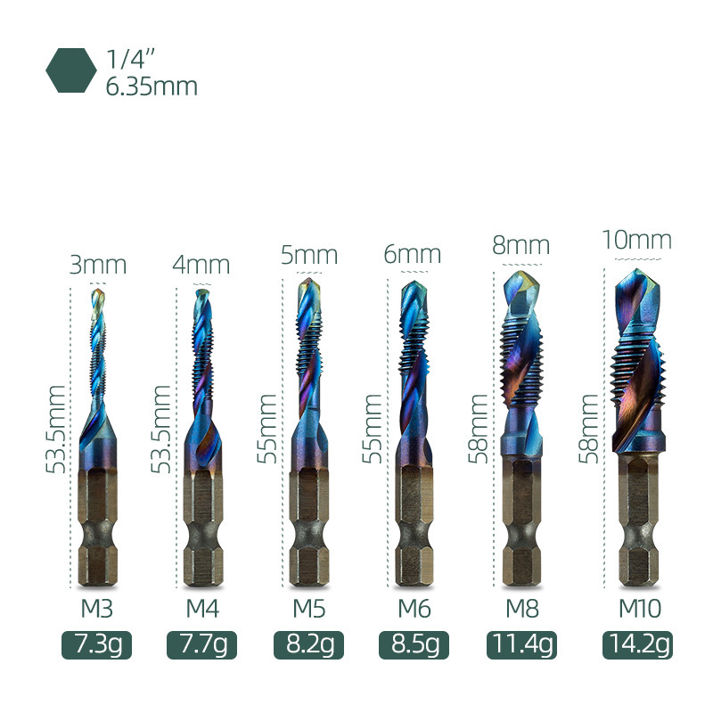 六角柄钻孔攻牙倒角三合一体机用螺旋复合丝锥倒角攻丝钻头