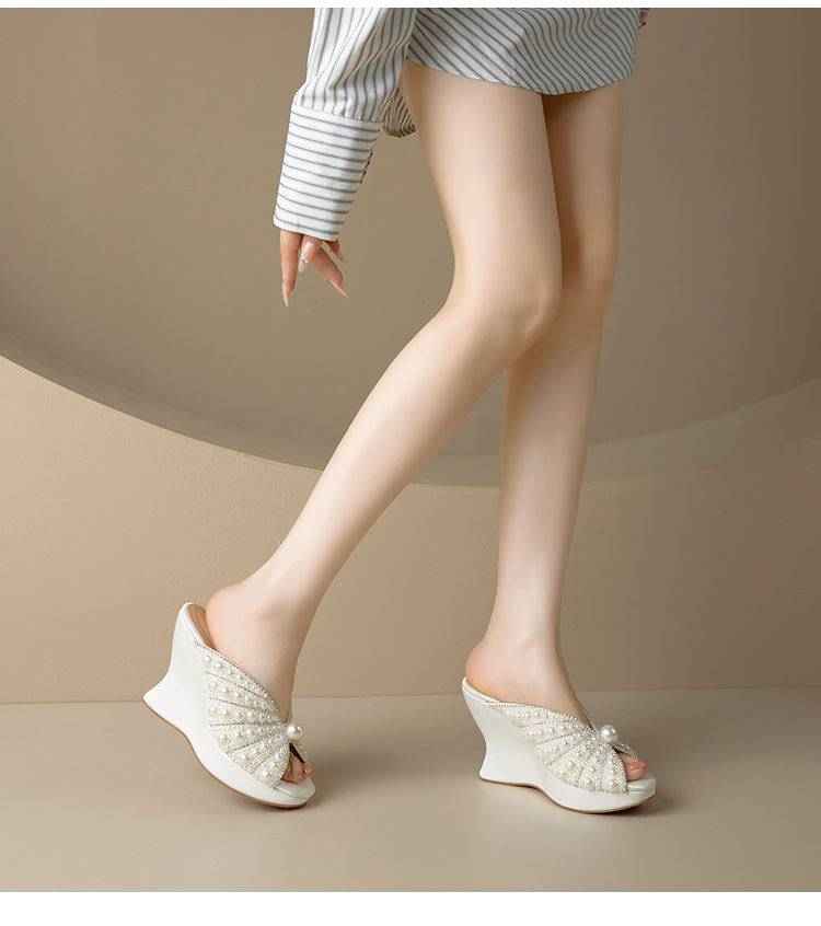 Sandal cao gót nữ đế xuồng 9cm quai ngang đính cườm ngọc trai — Màu đen, Màu trắng sữa chi tiết 16