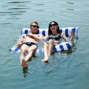 In stock water foldable inflatable double floating row backrest striped hammock floating amusement mesh recliner toy