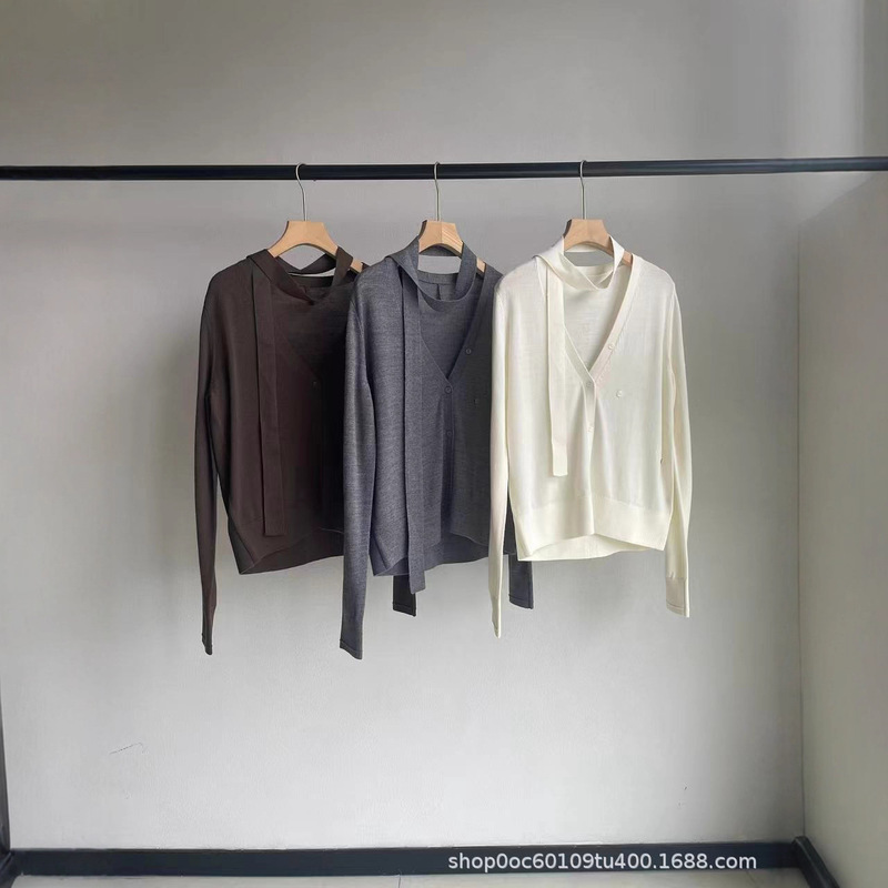 Asymmetrical Design (Comes with Ribbon) Two-Wear V Neck Buttoned Elegant All-Wool Knitwear 25 Autumn Style
