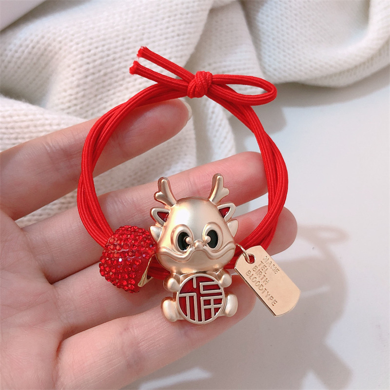 Año del Dragón Zodiaco de alta sensación metal rojo Año Nuevo anillo de cabello de alta altura cuerda elástica cuerda de cabello festiva adornos para el cabello