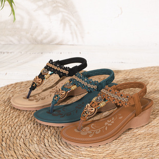 Cross-Border Export European Size Women's Shoes Large Size Round Toe Thong Plus Size Flats 36-44 Wedge Sandals for Women 4cm