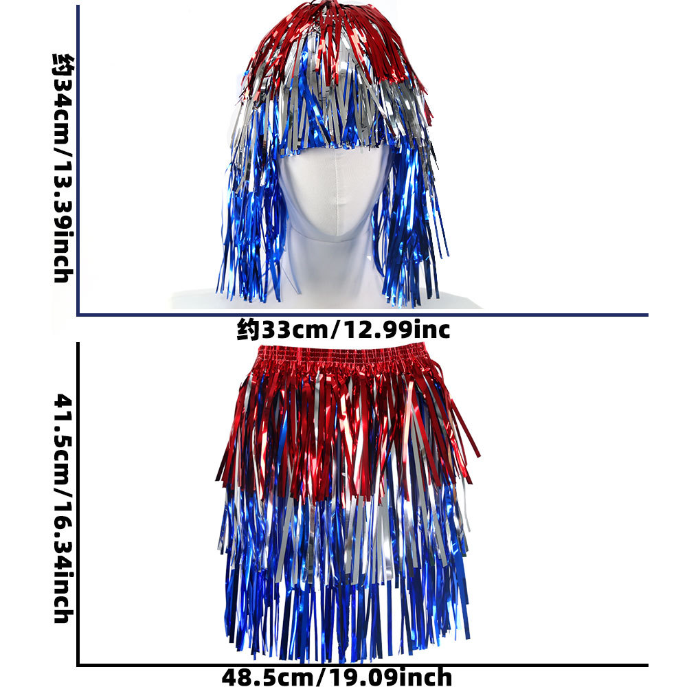 Nueva ropa de fiesta del Día de la Independencia rojo, plata, azul, sombrero de seda lluvia, peluca, desfile del Día Nacional de los Estados Unidos, vestido de seda lluvia de colores