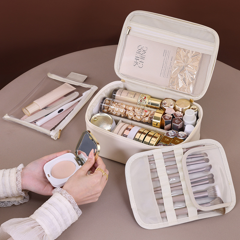 Nuevo estilo transfronterizo 6 particiones grandes, caja de cosméticos de alta gama portátil de gran capacidad, bolsa de almacenamiento de cosméticos de cepillo de maquillaje de viaje