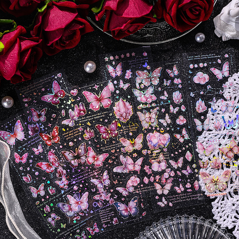 Cristal brillante mariposa láser transparente impermeable mascota pegatinas de cuentas DIY diario decoración material de tarjeta de papel pegatinas