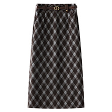 咖色格纹毛呢半身裙女2025秋冬季新款高腰一步裙气质中长款直筒裙