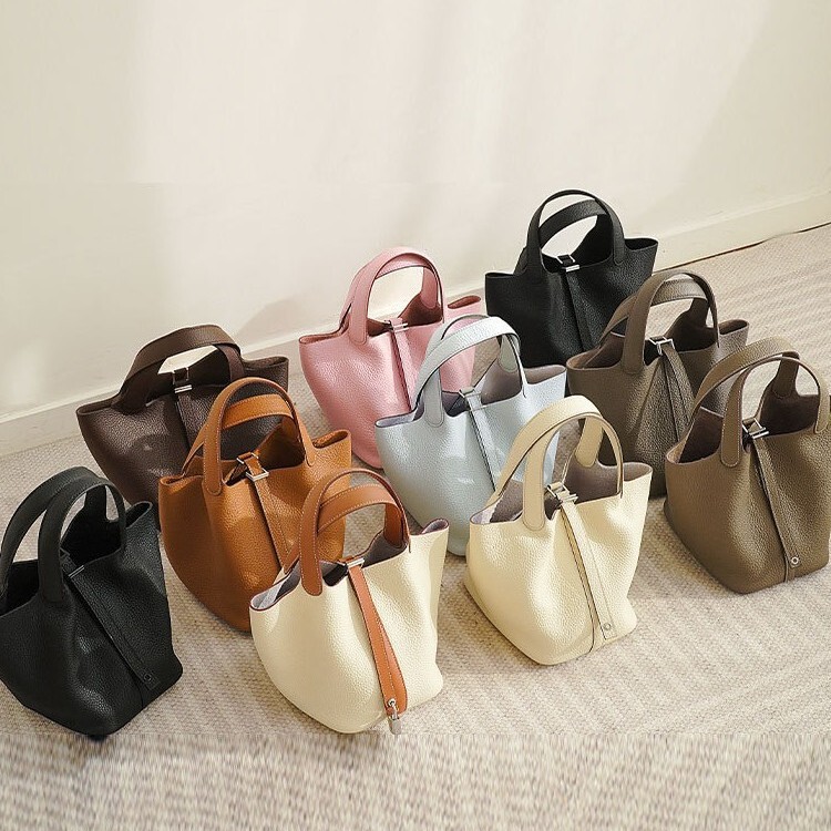 【Handcrafted】First-Layer Cowhide Soft Genuine Leather Basket Bag Bucket Bag Handbag Versatile Large Capacity Gold Brown for Women