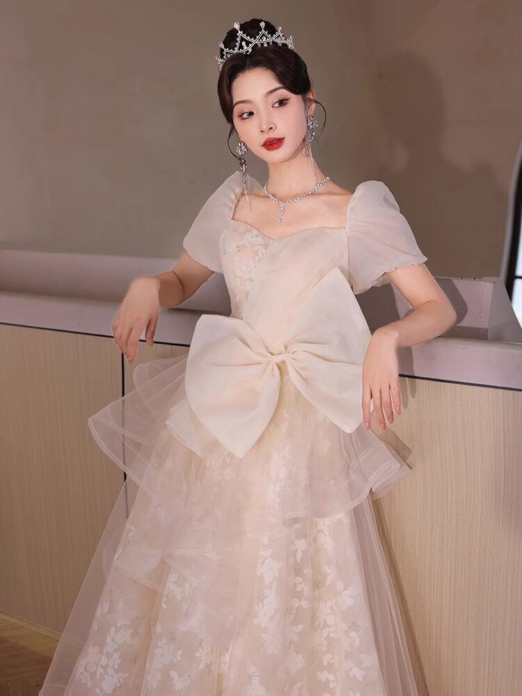 Đầm dạ hội công chúa tay lỡ cổ tròn thắt eo xòe bồng — Champagne 2534 chi tiết 3