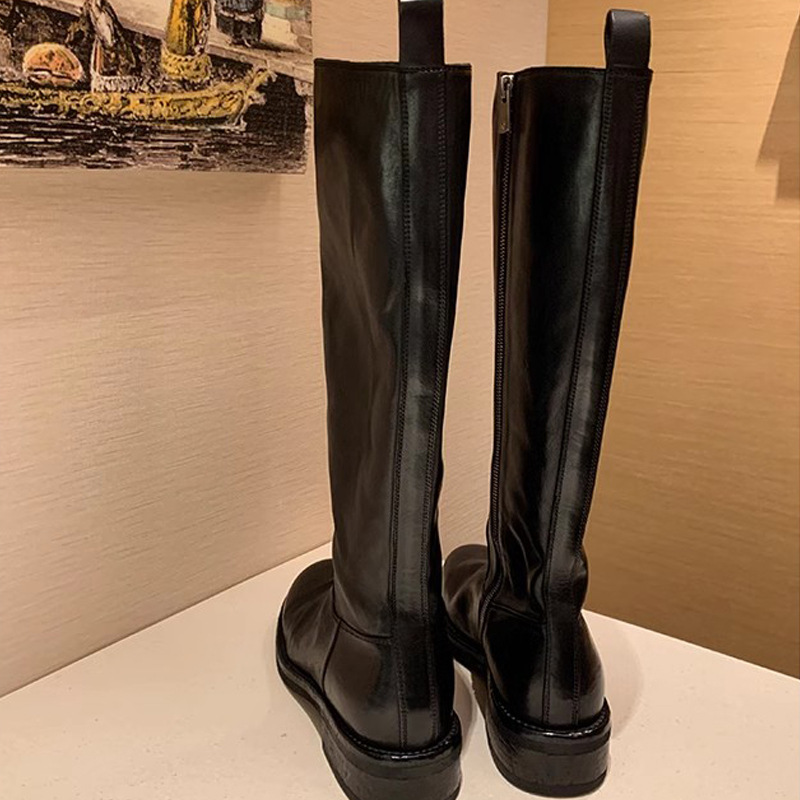 Uva mamá Nuevo estilo lavado caballo cuero grueso talón plataforma botas altas cremallera lateral simple adelgazamiento Knight botas para las mujeres