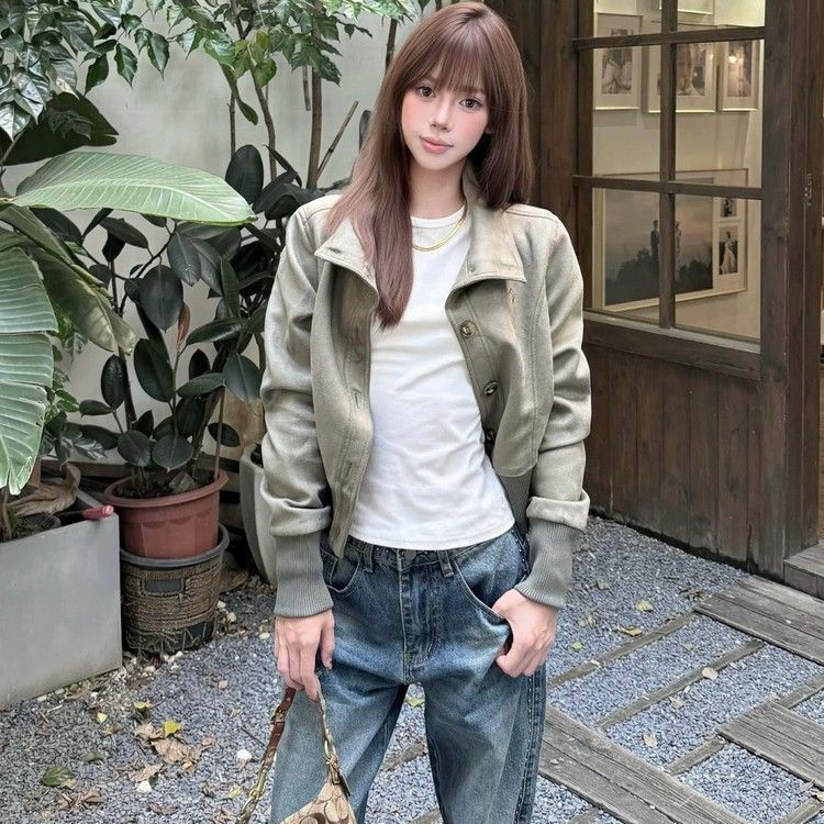 美式复古立领麂皮开衫外套女早秋季2025新款休闲百搭夹克短款上衣|undefined