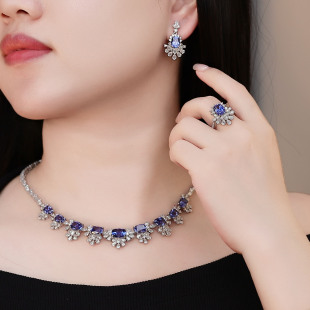 New Jewelry Necklace Set Accessible Luxury High-End S925 Silver Sapphire European and American Jewelry Wholesale Wedding Three-Piece Set