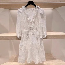 卓雅舞者 S家/22夏季新款 法式气质V领荷叶边白色纯棉连衣裙50562