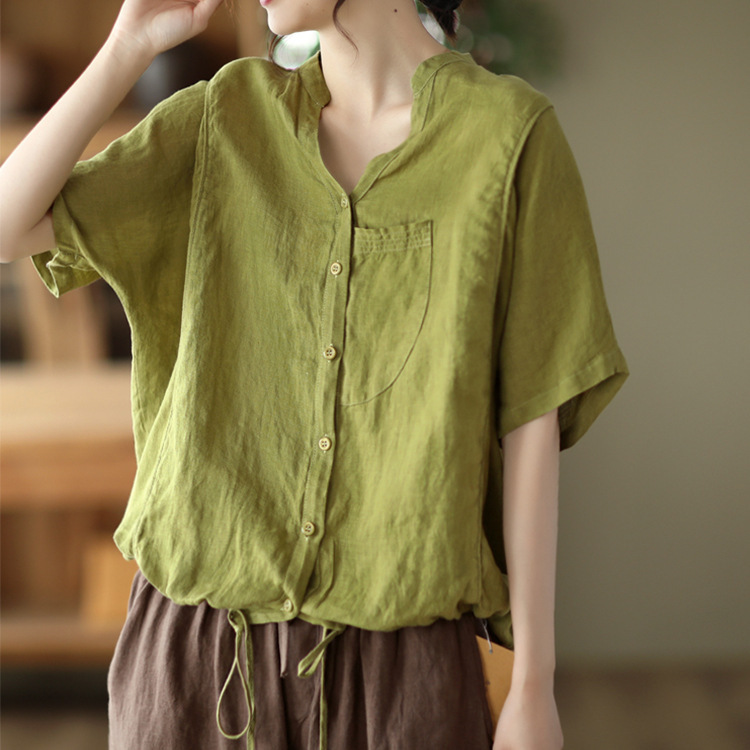 Plus Size Fat mm Summer Clothes, Artistic, Loose, Age-Reducing, Flesh-Covering, Slimming Look, Pure Color Casual Short-Sleeved Shirts, Tops, Trendy Women's Shirts