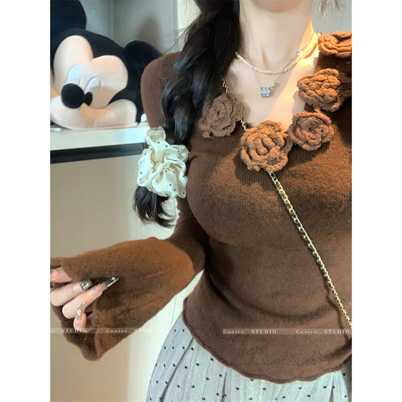 甜辣妹立体花朵长袖针织衫女2025春季新款设计感修身显瘦小众上衣|undefined