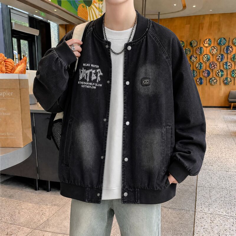 Spring and autumn denim jacket with a loose design, men's coat with a baseball collar, stylish and trendy Hong Kong-style top Spring and autumn denim jacket with a loose design, men's coat with a baseball collar, stylish and trendy Hong Kong-style top
