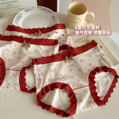 New Year Color Block Modal Print Comfortable Skin-Friendly Bowknot Japanese Medium-Waist Pure Cotton Thigh-High Tri-Edge Women's Panties