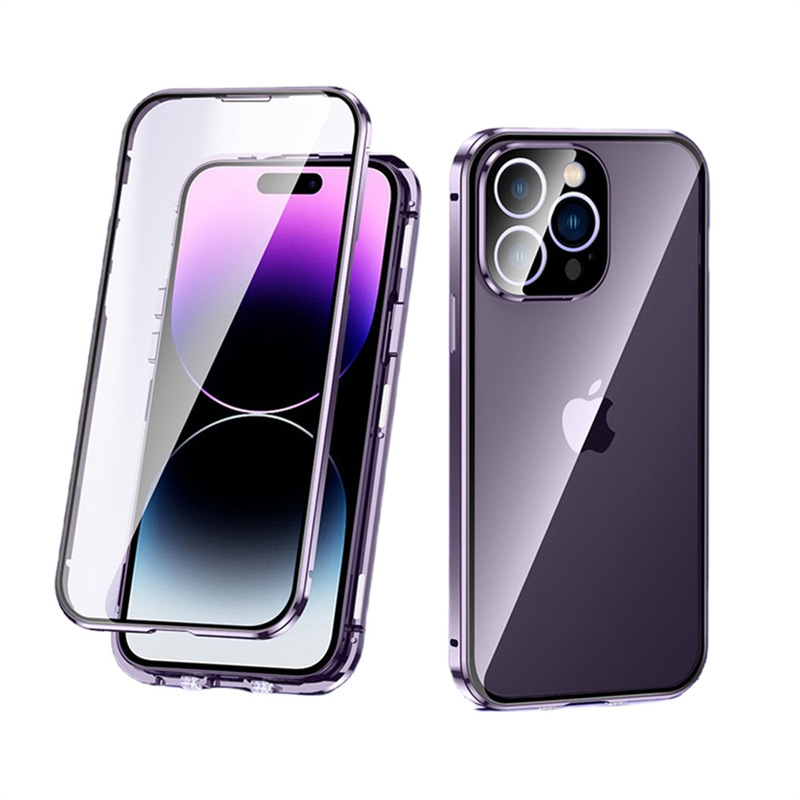 iPhone17用ケース、マグネット式、Apple 16対応、ダブルバックル、両面ガラス保護フィルム、メタル磁気吸着ケース|undefined