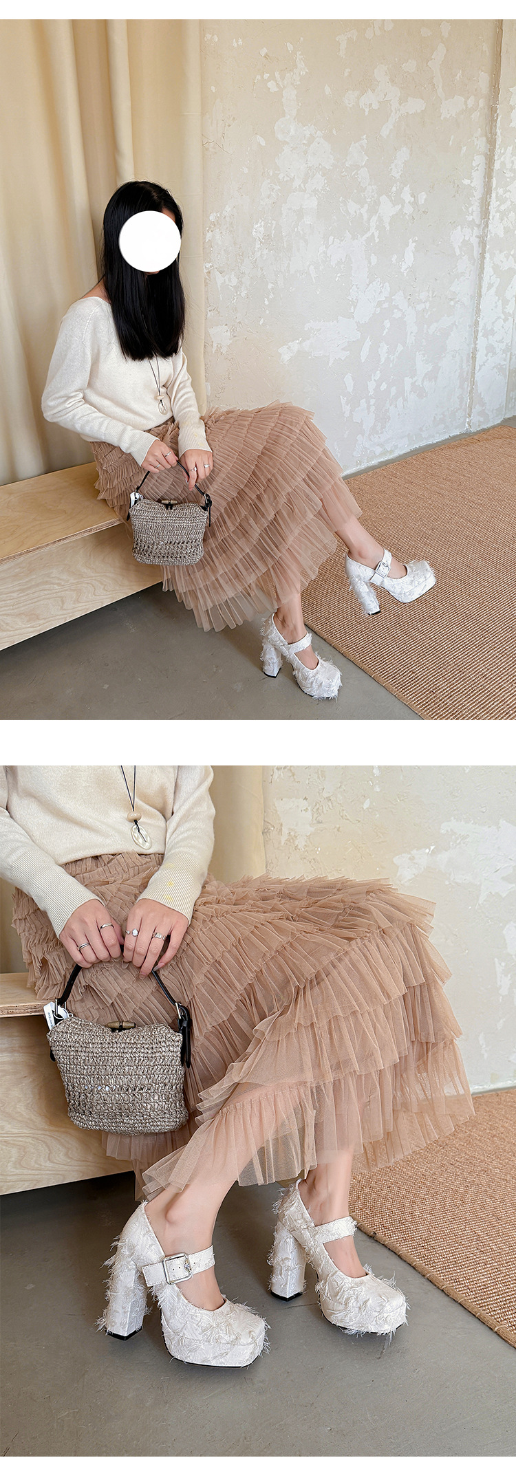 Giày cao gót nữ mũi vuông phong cách Mary Jane đế xuồng platform gót 12 cm — Xanh lá cây nhạtcolor, màu đen, màu trắng ngà chi tiết 17