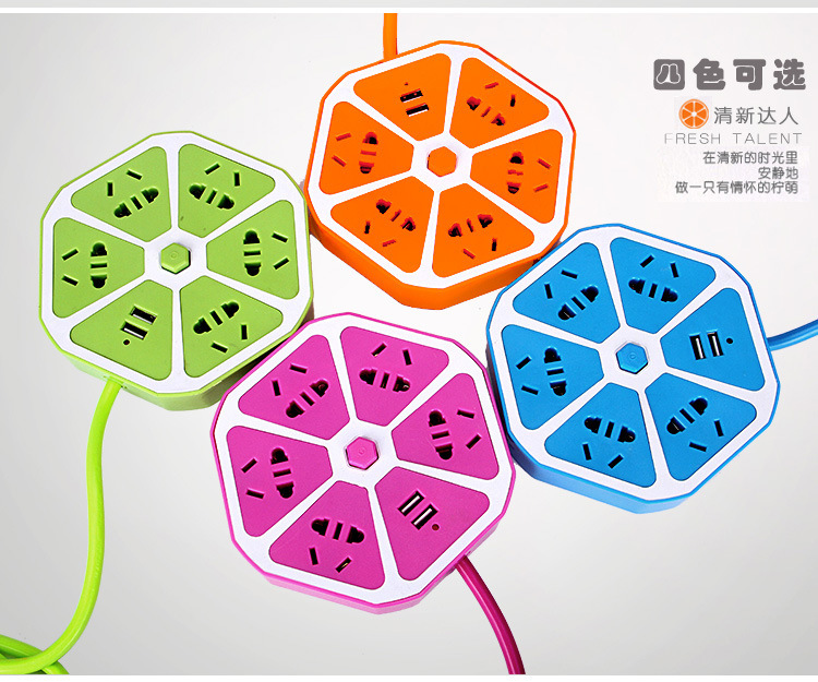 Nuevo estándar nacional con interruptor de carga 2 4USB color brillante nuevo enchufe de fruta hexagonal limón