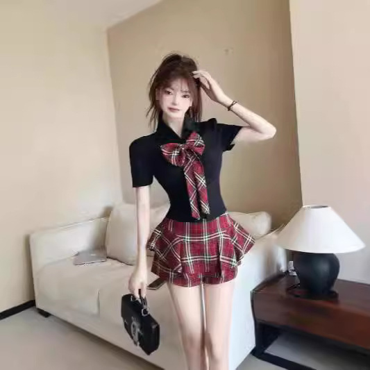 대학 스타일 핫 걸 JK 유니폼 세트 여름 반팔 활 슬림 핏 셔츠 높은 허리 유료 스커트 투피스 세트