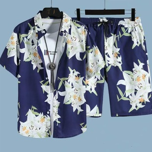 Casual Suit Men's Quick-Drying Hawaiian Beach Suit Men's Short-Sleeved Floral Shirt Beach Shorts Couple Matchinging Two-Piece Set
