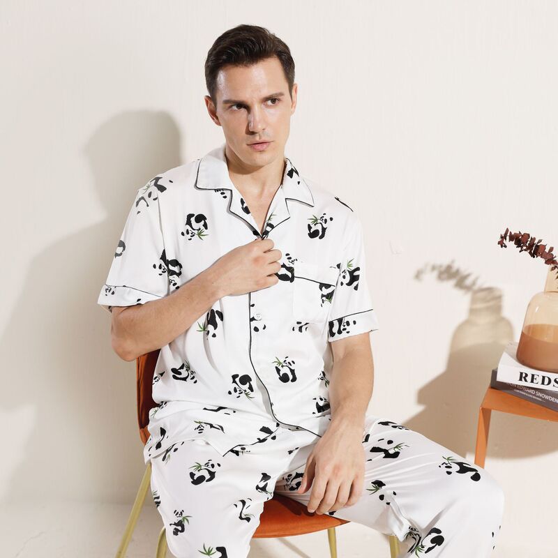 Pajamas men's summer ice silk satin panda summer short-sleeved pajamas TikTok popular plus size men's homewear Pajamas men's summer ice silk satin panda summer short-sleeved pajamas TikTok popular plus size men's homewear
