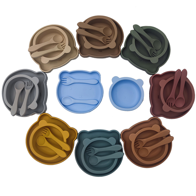 Bebé de alimentación placa cuchara Tenedor traje grado alimenticio silicona Integrado placa niños dibujos animados oso vajilla materna y infantil