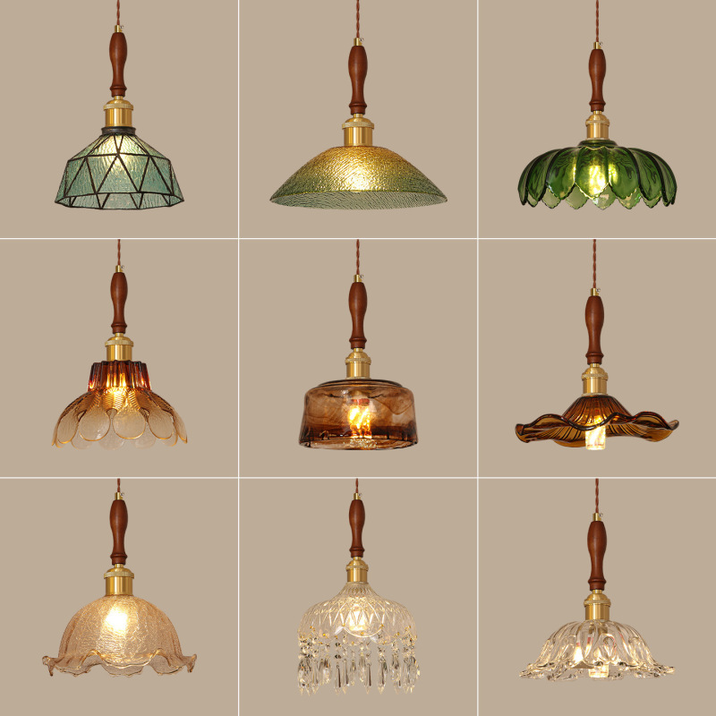 Vintage-Style Master Bedroom Bedside Pendant Lamp with a High-End French Mid-Century Feel, Solid Wood Single-Head Entrance Hallway Long-Line Small Pendant