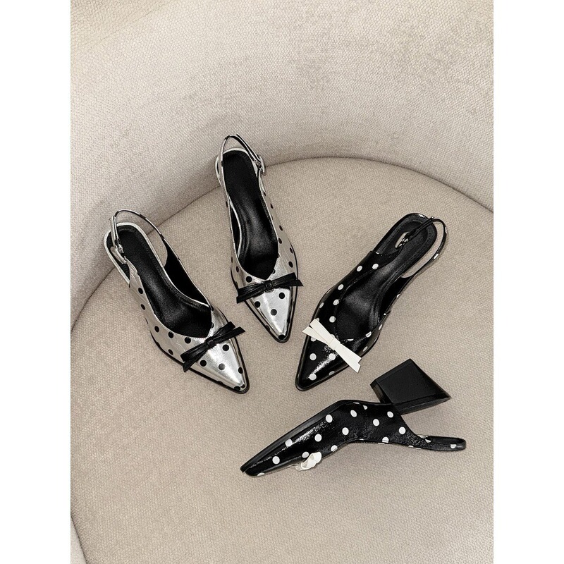Super Comfortable~ Aesthetic Online~ Pointed-Toe Bowknot Polka Dot Backless Sandals for Women, Summer Chunky High-Heeled Closed-Toe Sandals