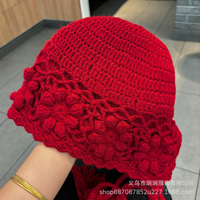 波西米亚风复古手工钩花针织套头帽女秋冬川西旅游保暖护耳毛线帽|undefined