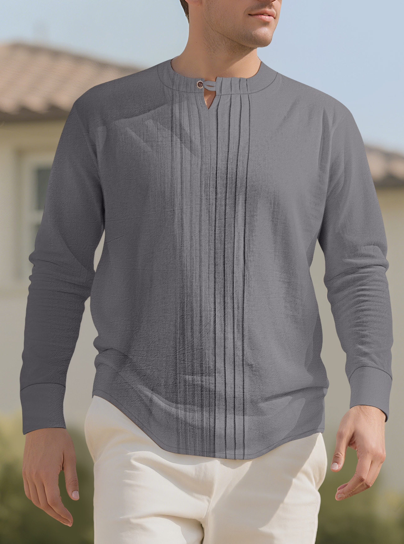Europa y los Estados Unidos transfronterizos Amazon spot cuello redondo de manga larga hombre primavera otoño y verano camisa de algodón suelta