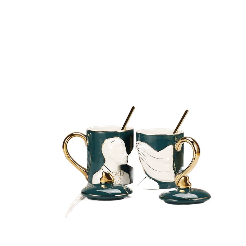 Creative Wedding Gifts Drawing Golden Ceramics Cup Coffee Cup Malke Couple Cup Covered Spoon Personality Trends