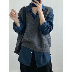 Yanshuang レトロツイストベスト女性の春の新アウター V ネックチョッキ怠惰なスタイルオフショルダーセーター P6609