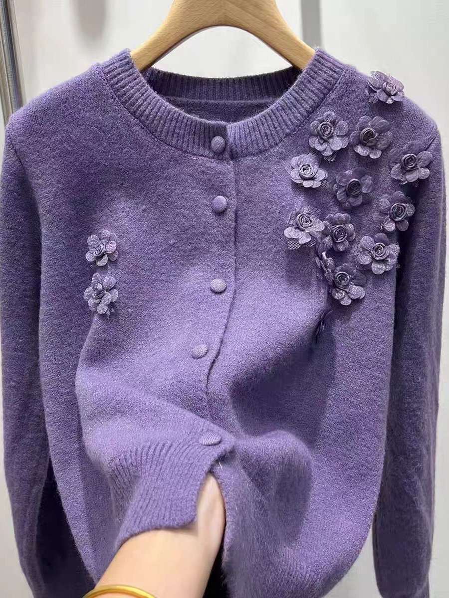 2026 otoño nuevo cuello redondo ropa de mujer flor tridimensional jersey de punto suéter abrigo de otoño superior image 4