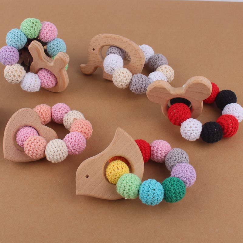 Suministros para bebés Beech animal de dibujos animados pájaro mordedor DIY gran bola lana color pulsera teether juguete