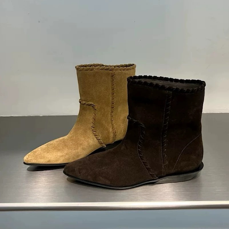 Sheepskin Version ~ Maillard Niche Design Thick Heel Pointed Toe Western Cowboy Boots Short Boots Women's Chelsea Boots Boots