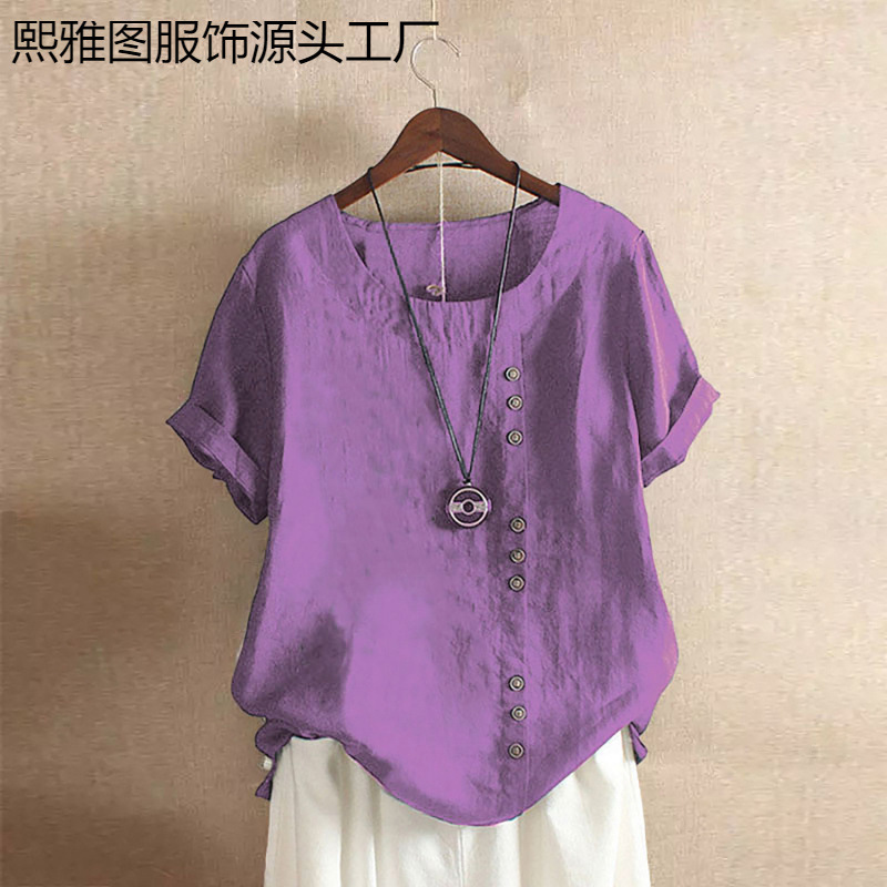 跨境女装棉麻上衣大码休闲宽松棉麻T恤棉麻女装大码女装AMZ